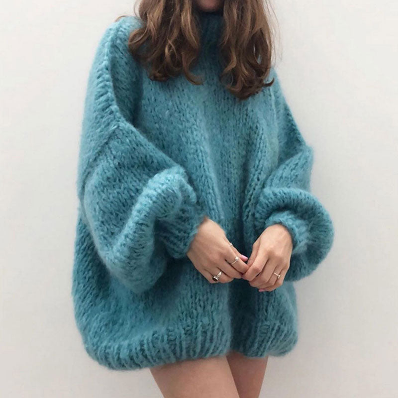 Oversized High Neck Drop Shoulder Handmade Chunky Knit Sweater