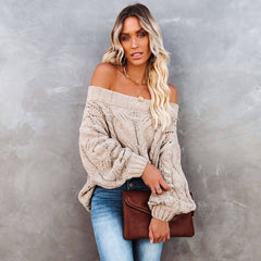 Oversized Off The Shoulder Chunky Cable Knit Pullover Sweater