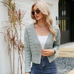 Oversized Open Front Drop Shoulder Openwork Knit Cropped Cardigan