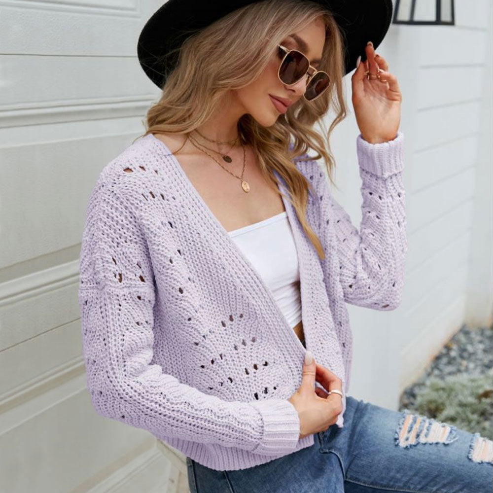 Oversized Open Front Drop Shoulder Openwork Knit Cropped Cardigan