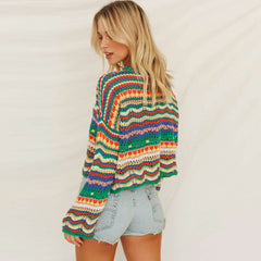 Oversized Pullover Rainbow Striped Multicolor Crochet Pointelle Knit Sweater