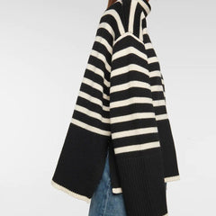 Oversized Turtleneck Bell Sleeve Breton Stripe Slit Knit Sweater