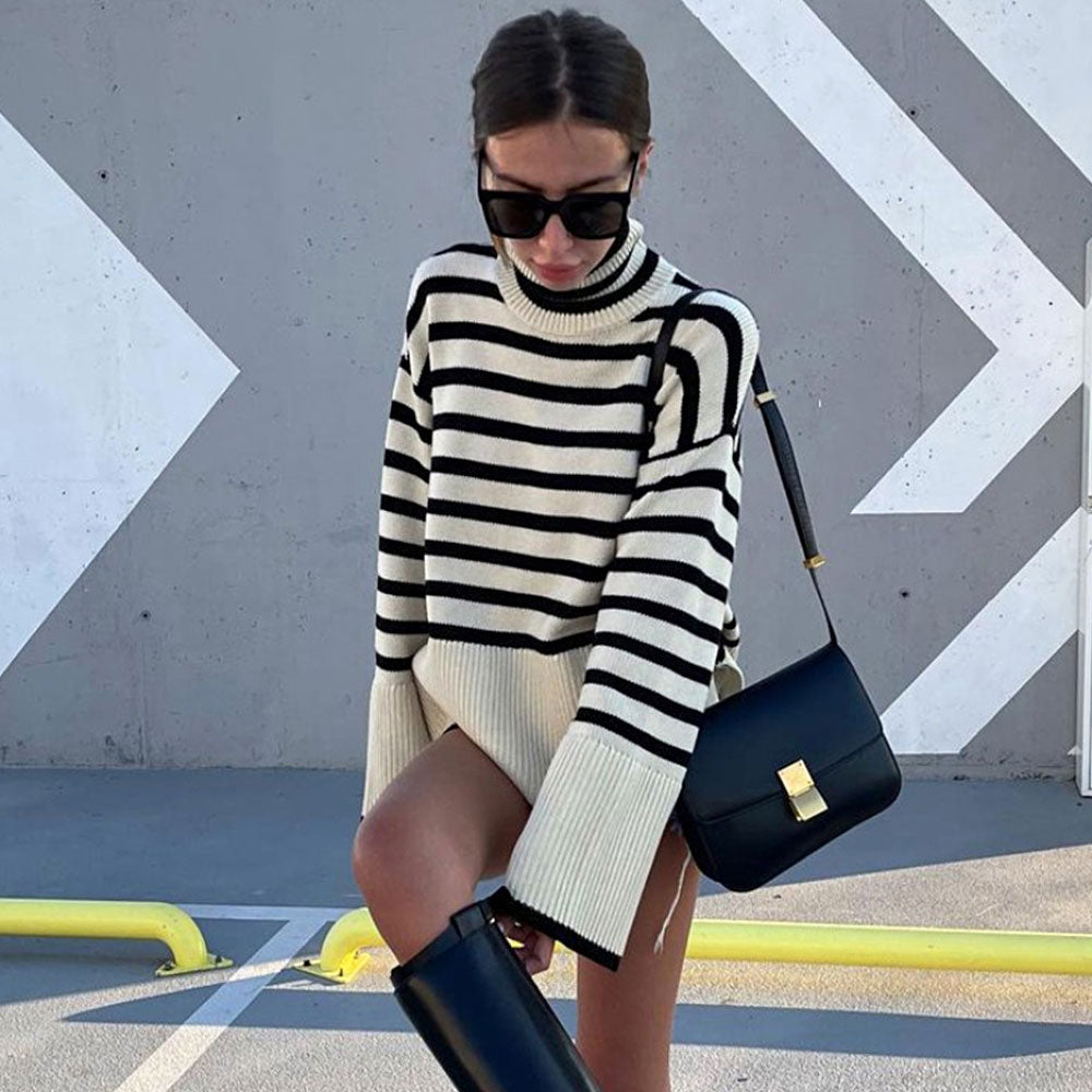 Oversized Turtleneck Bell Sleeve Breton Stripe Slit Knit Sweater