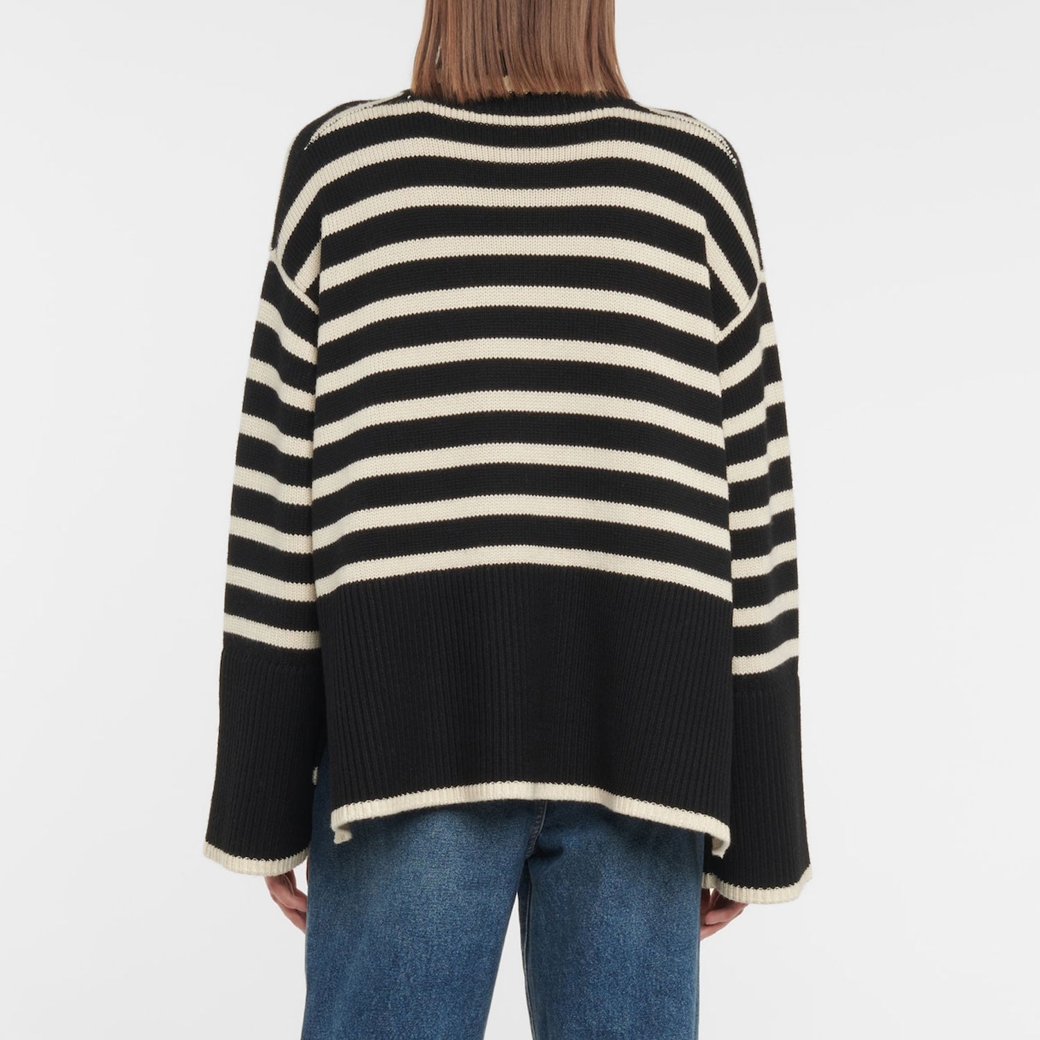 Oversized Turtleneck Bell Sleeve Breton Stripe Slit Knit Sweater