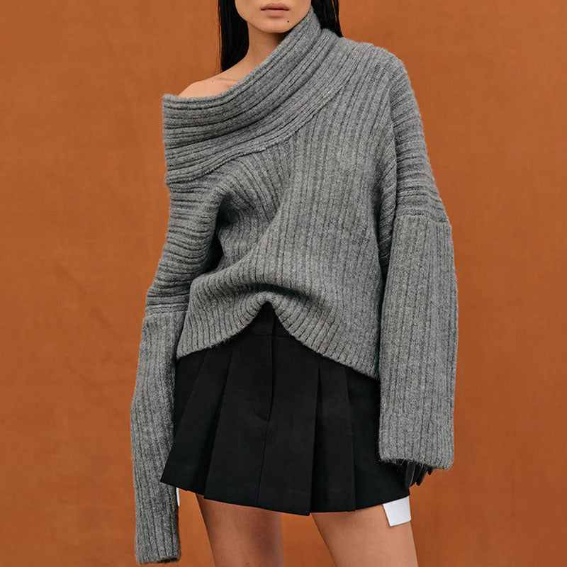 Oversized Funnel Neck Drop Shoulder Long Sleeve Chunky Knit Pullover Sweater