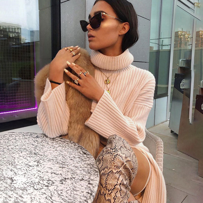 Oversized Beige Turtleneck Drop Shoulder Split Side Rib Knit Sweater