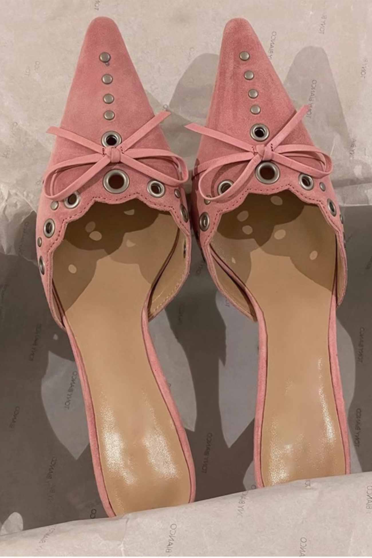New Fashion Spring Outfit Suede Point Toe Bow Hollow Mule Pumps