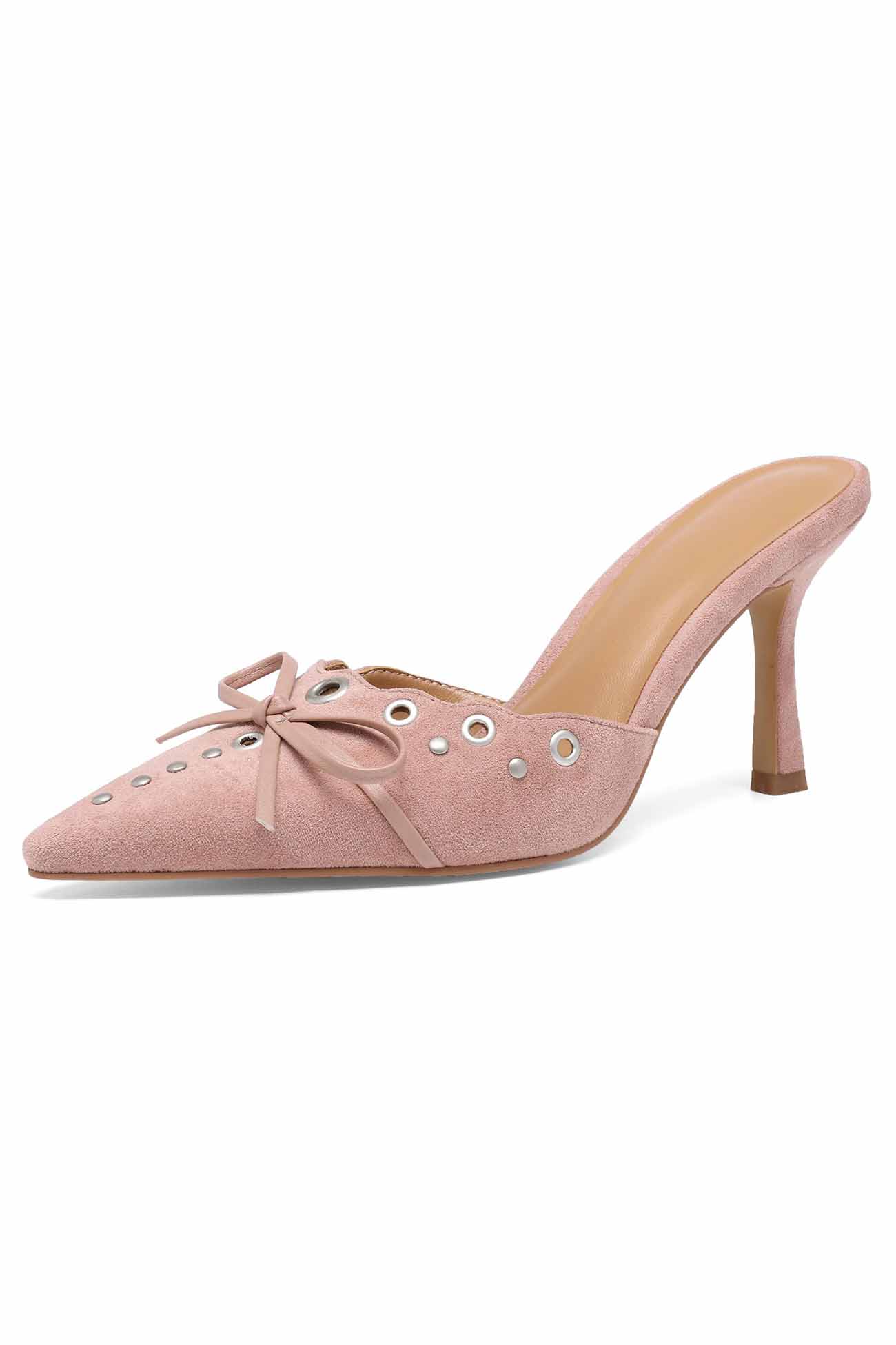 New Fashion Spring Outfit Suede Point Toe Bow Hollow Mule Pumps