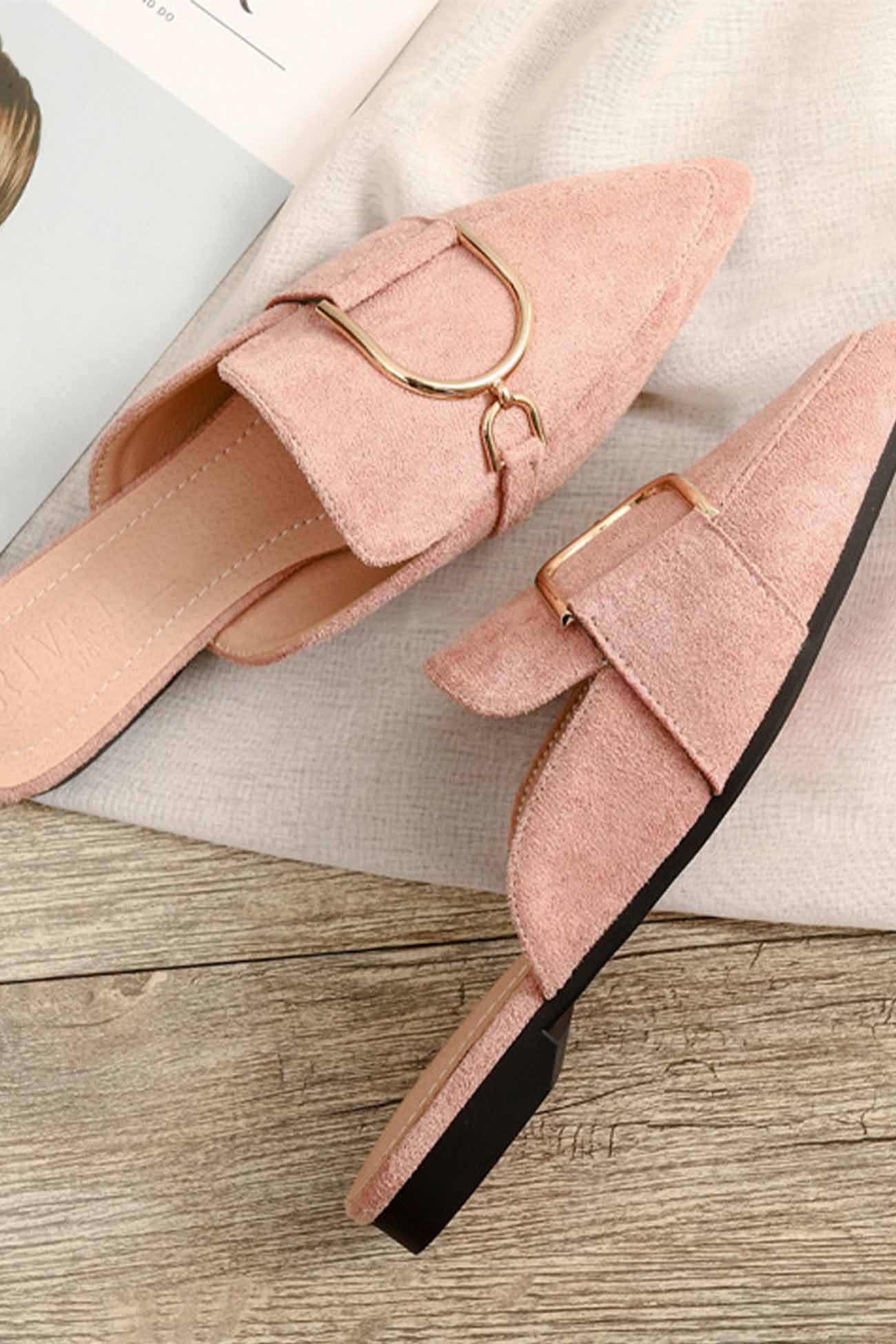 New Fashion Spring Outfit Suede Pointed Metal Buckle Mule Slides