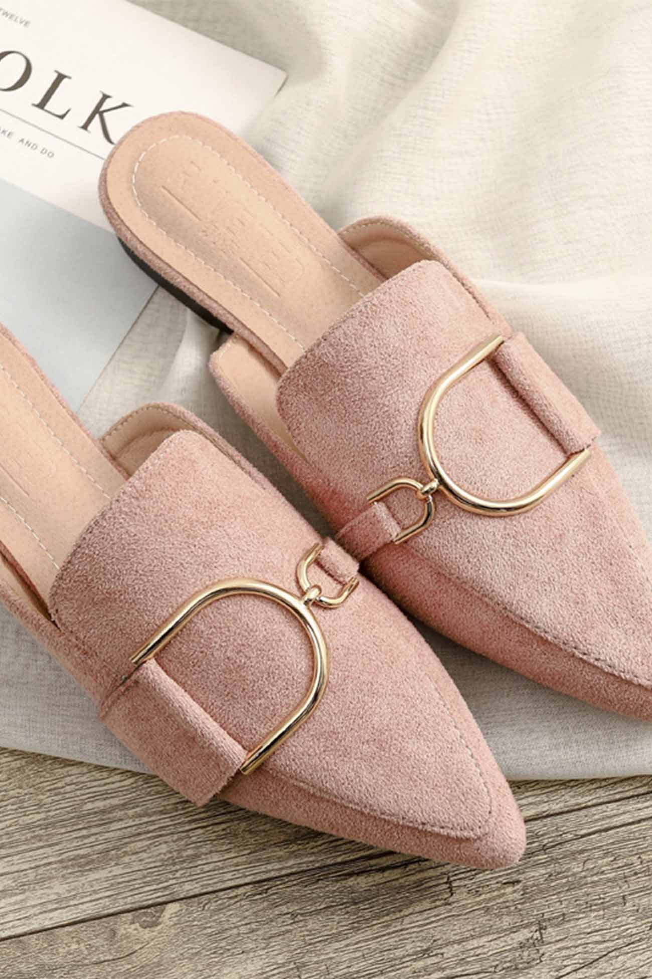 New Fashion Spring Outfit Suede Pointed Metal Buckle Mule Slides