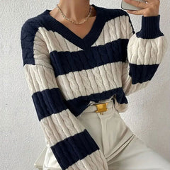 Preppy Striped V Neck Blouson Sleeve Oversized Cable Knit Pullover Sweater