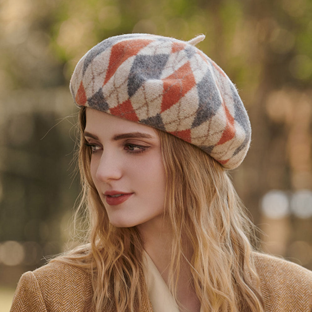 Preppy Style Color Panel Rhombus Pattern Wool Blend Beret Hat