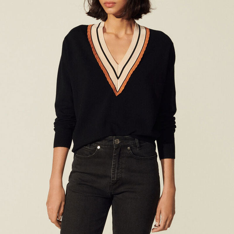 Preppy Style Contrast Striped V Neck Long Sleeve Black Sweater