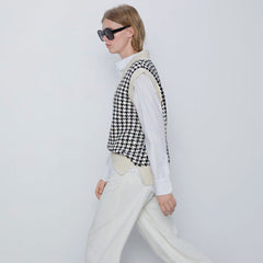 Preppy V Neck Two Tone Houndstooth Oversized Sweater Vest