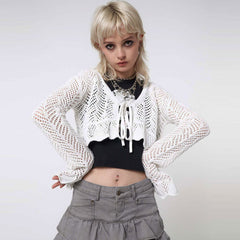 Pretty White Flare Sleeve Front Tie Ruffle Crochet Open Knit Crop Cardigan