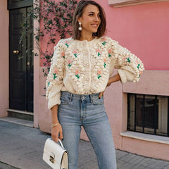 Pretty Floral Embroidered Popcorn Chunky Hand Knit Mohair Blend Cardigan