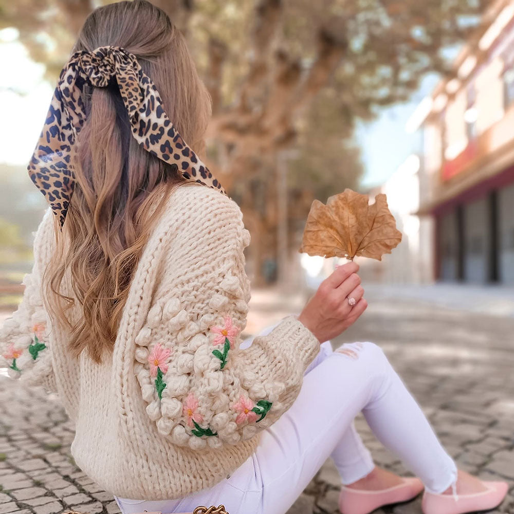 Pretty Floral Embroidered Popcorn Chunky Hand Knit Mohair Blend Cardigan