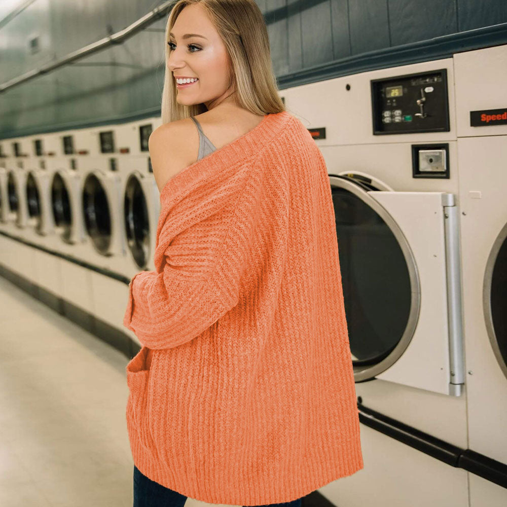 Pretty Open Front Drop Shoulder Coral Chunky Rib Knit Long Cardigan