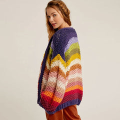 Rainbow Striped Balloon Sleeve Open Front Chunky Hand Knit Cardigan