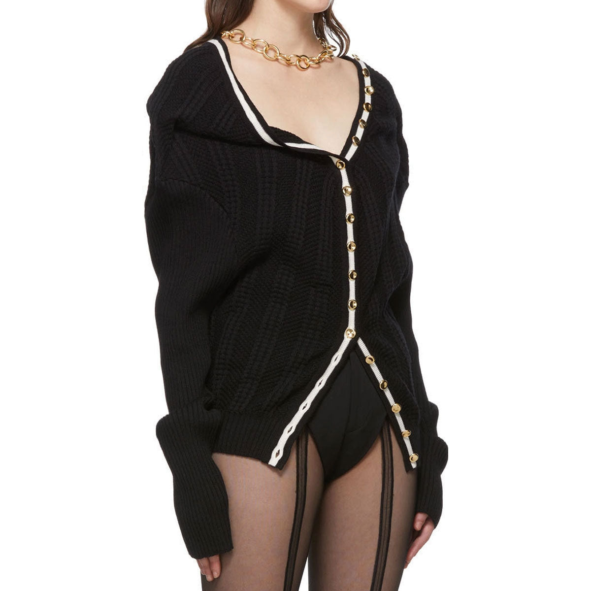 Rebellious Chain Link Stripe Sailor Collar Wool Blend Rib and Cable Knit Cardigan