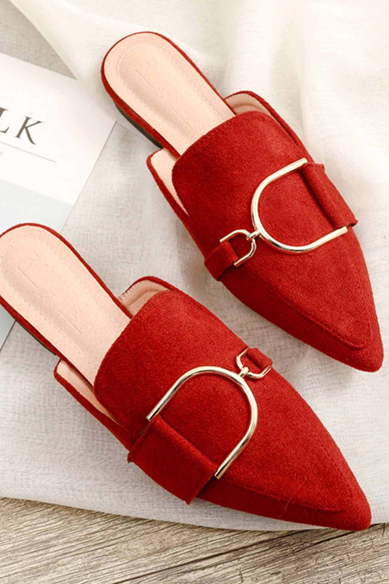 New Fashion Spring Outfit Suede Pointed Metal Buckle Mule Slides