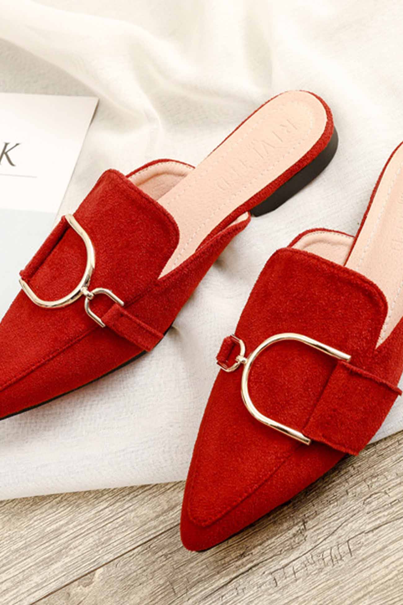 New Fashion Spring Outfit Suede Pointed Metal Buckle Mule Slides