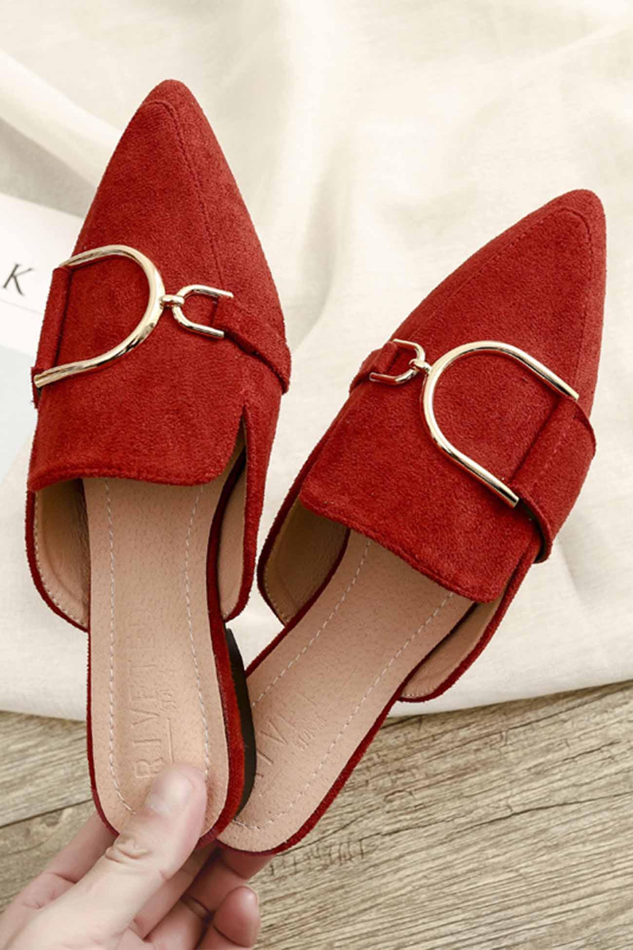 New Fashion Spring Outfit Suede Pointed Metal Buckle Mule Slides