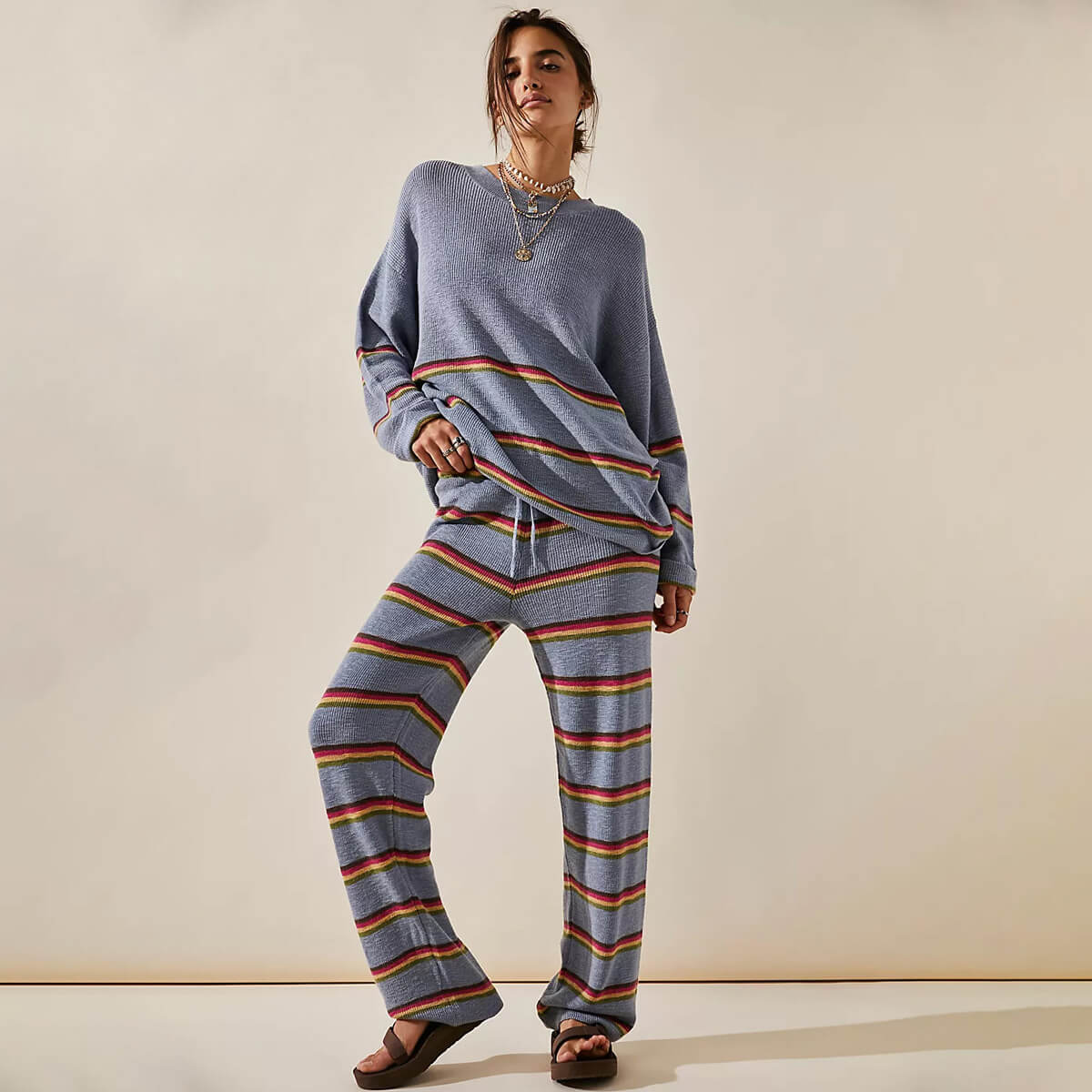 Relaxed Stripe Knit Oversized Sweater and High Rise Knit Pants Matching Set