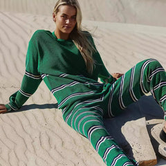 Relaxed Stripe Knit Oversized Sweater and High Rise Knit Pants Matching Set