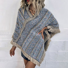 Retro Blue Diagonal Striped Pattern Fringe Trim Boucle Knit Poncho Sweater