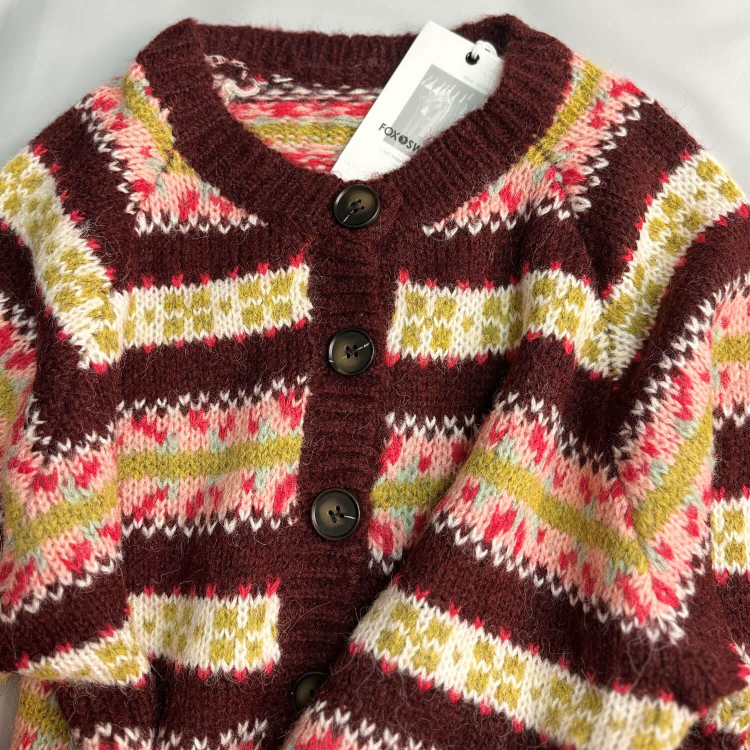 Retro Burgundy Fair Isle Striped Pattern Balloon Sleeve Button Up Cardigan