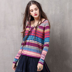 Retro Geometric Striped Print Crew Neck Lace Up Oversized Sweater