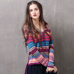 Retro Geometric Striped Print Crew Neck Lace Up Oversized Sweater