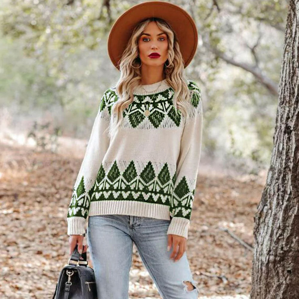 Retro Nordic Fair Isle Crew Neck Long Sleeve Pullover Sweater