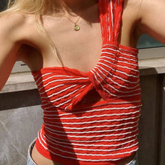 Retro One-Shoulder-Ärmelloses Cutout Pointelle Rot gestreiftes Stricktop