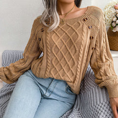 Sassy Button Detail Balloon Sleeve Pullover Fisherman Sweater