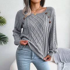 Sassy Button Detail Balloon Sleeve Pullover Fisherman Sweater