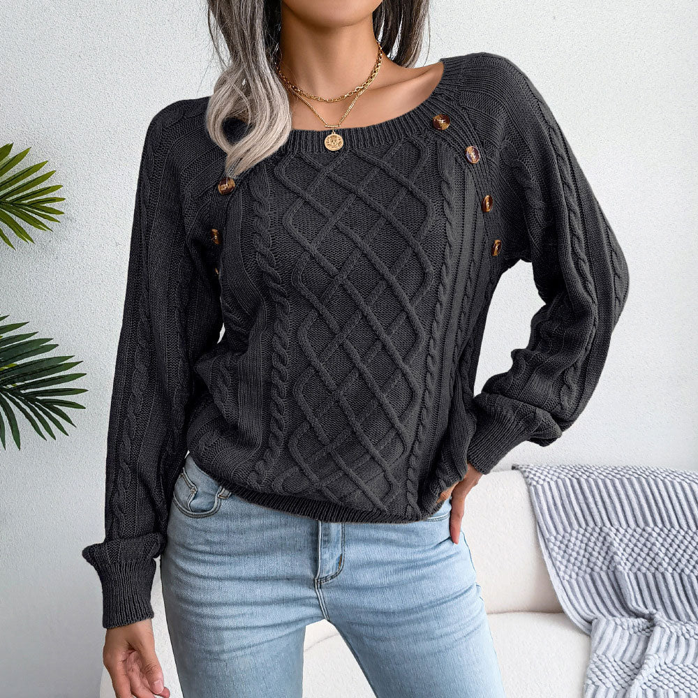 Sassy Button Detail Balloon Sleeve Pullover Fisherman Sweater