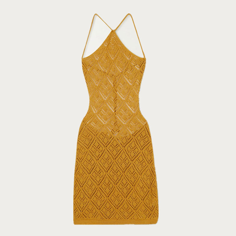 Semi Sheer Yellow Halter Backless Crochet Pointelle Knit Mini Cover Up Dress