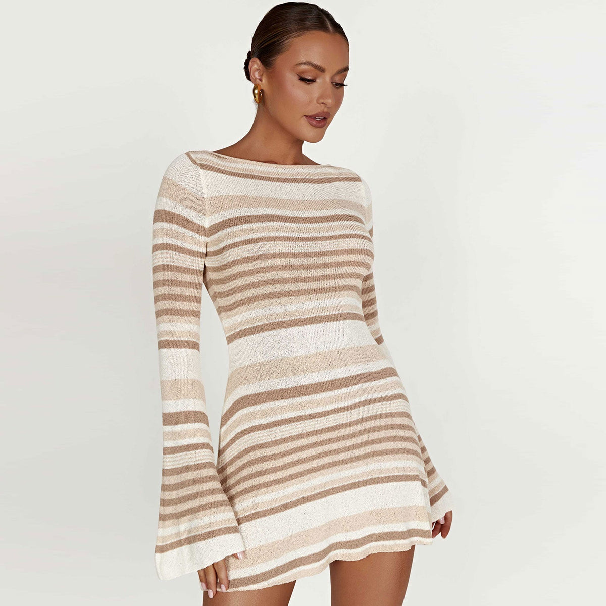 Sexy Boat Neck Flared Sleeve Tie Back Bold Stripe Mini Sweater Dress