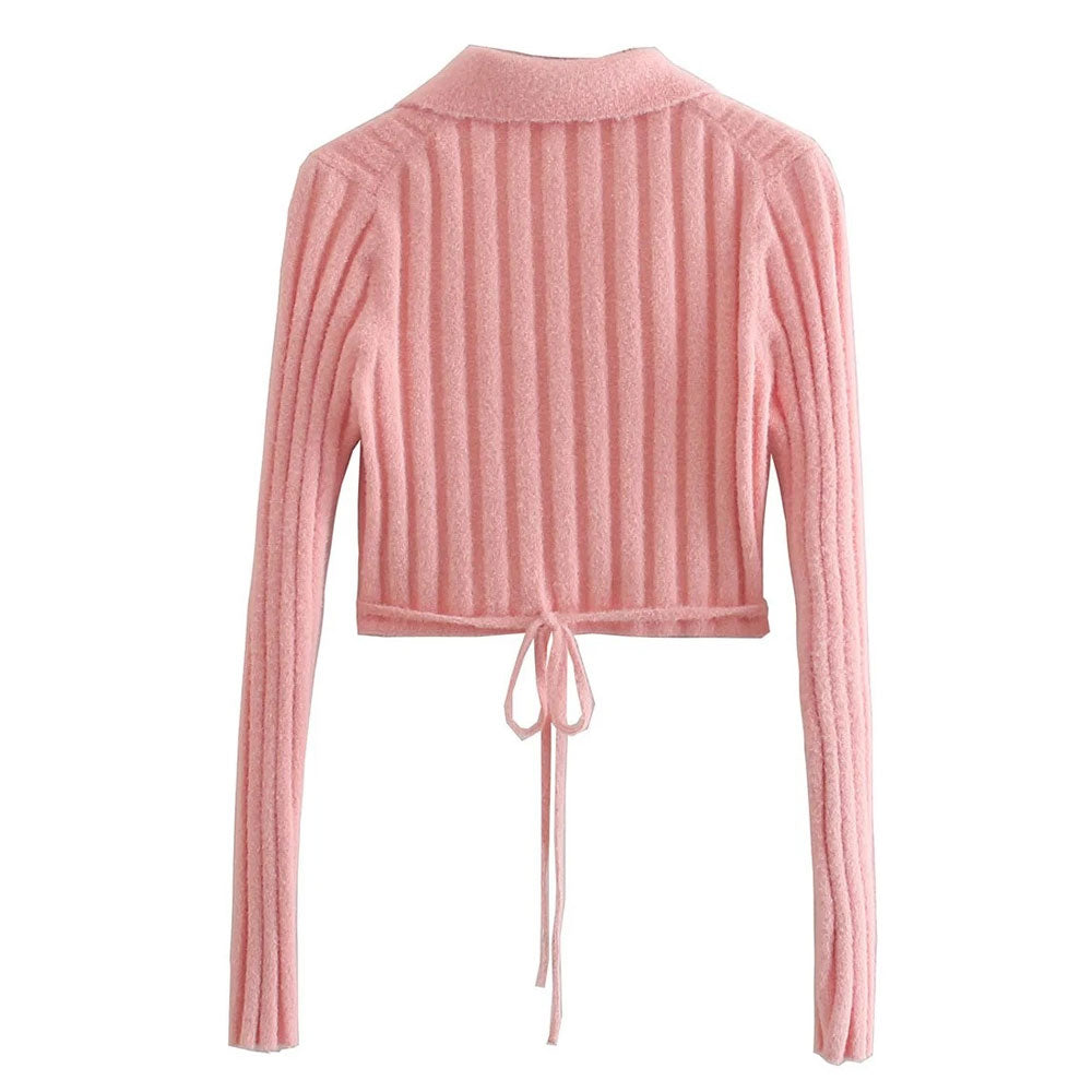 Sexy Pink Chunky Rib Knit V Neck Wrap Around Cropped Cardigan