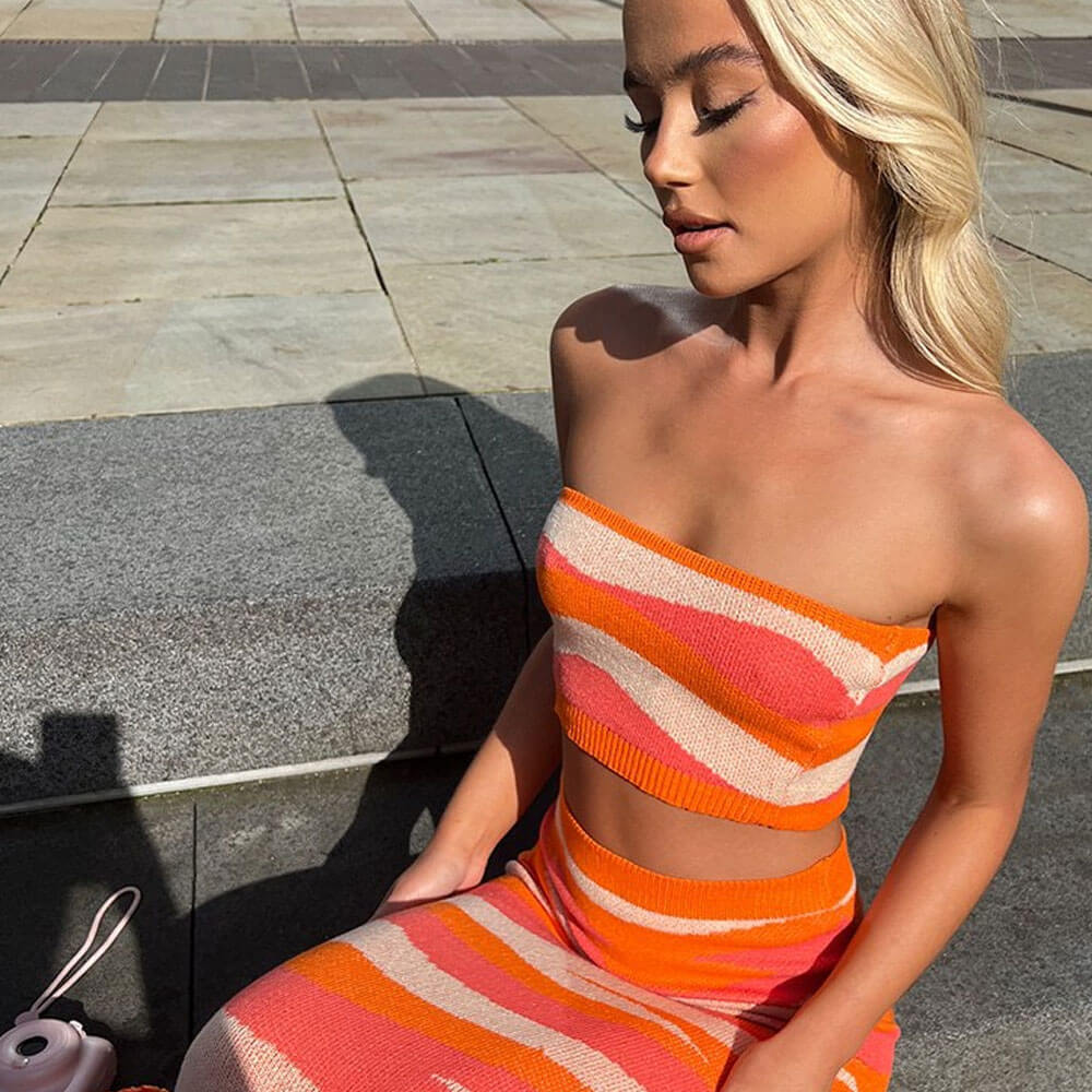 Sexy Contrast Abstract Stripe Print Crop Tube Top and Bodycon Midi Knit Skirt Matching Set