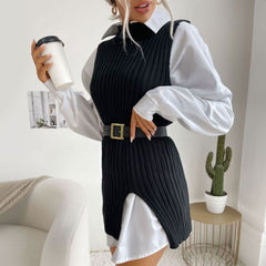 Sexy Crew Neck Front Slit Chunky Rib Knit Fitted Long Sweater Vest