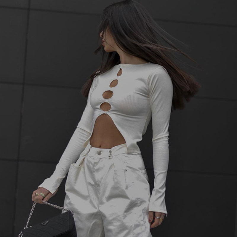 Sexy Crew Neck Long Sleeve Cutout Front Rib Knit White Fitted Crop Top