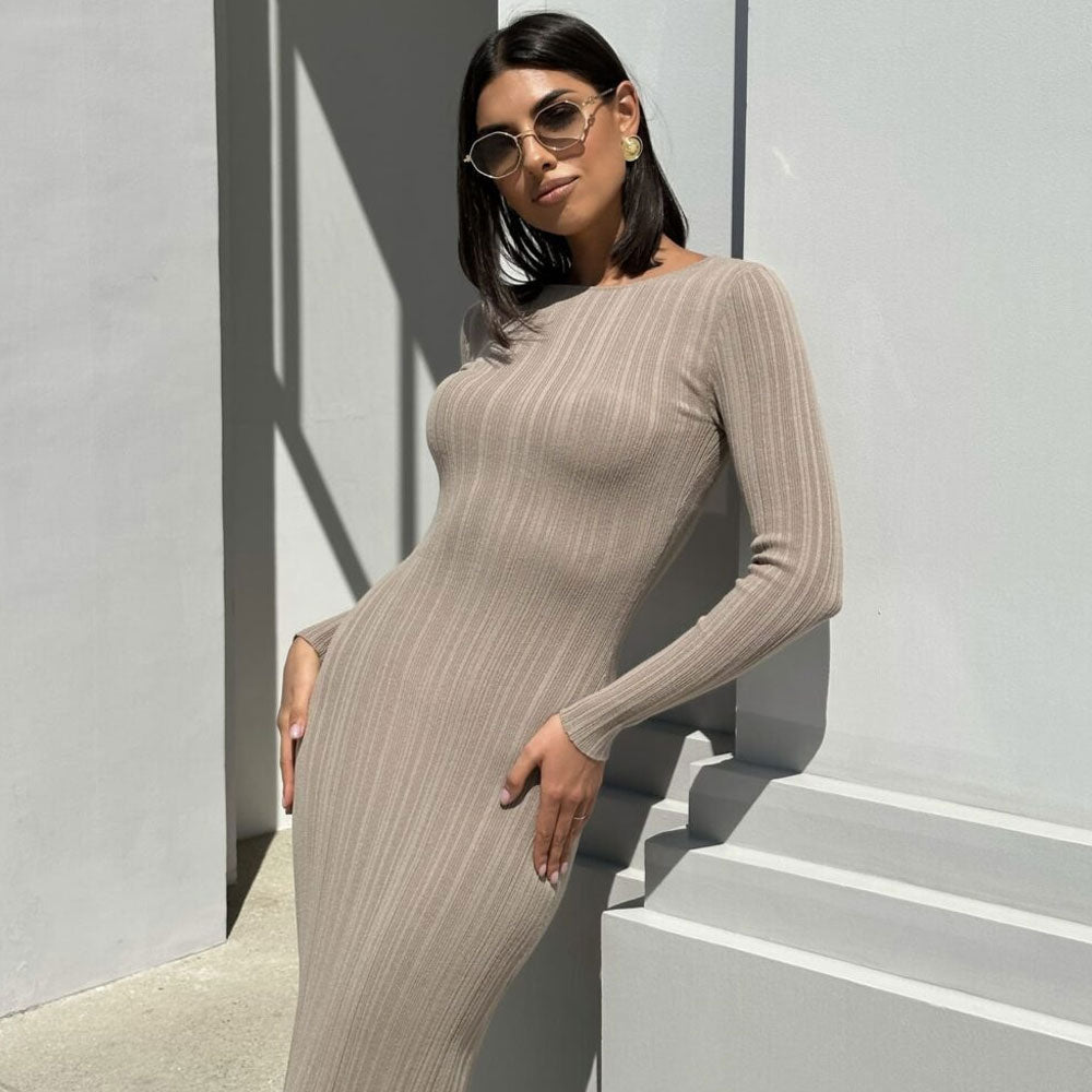 Sexy Crew Neck Long Sleeve Ribbed Knit Bodycon Sweater Maxi Dress