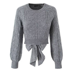 Sexy Cut Out Back Bow Tie Crew Neck Bishop Sleeve Cropped Cable Knit Sweater