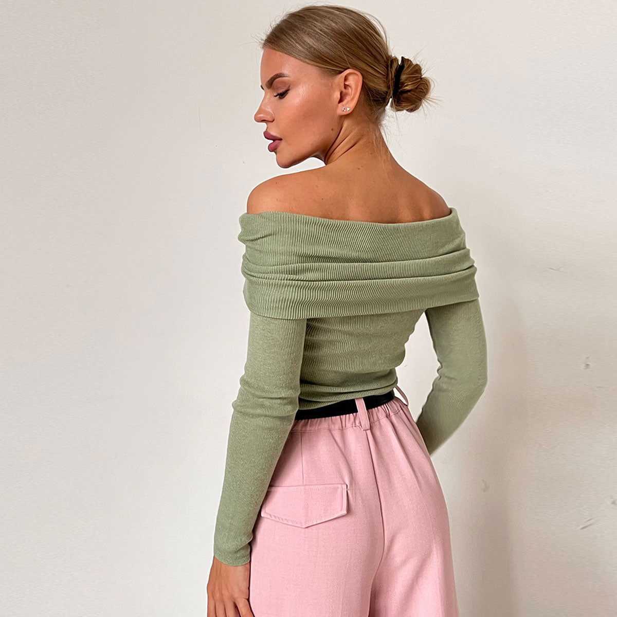 Sexy Draped Off The Shoulder Long Sleeve Wool Blend Semi Sheer Knit Sweater