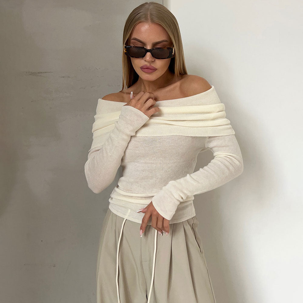 Sexy Draped Off The Shoulder Long Sleeve Wool Blend Semi Sheer Knit Sweater