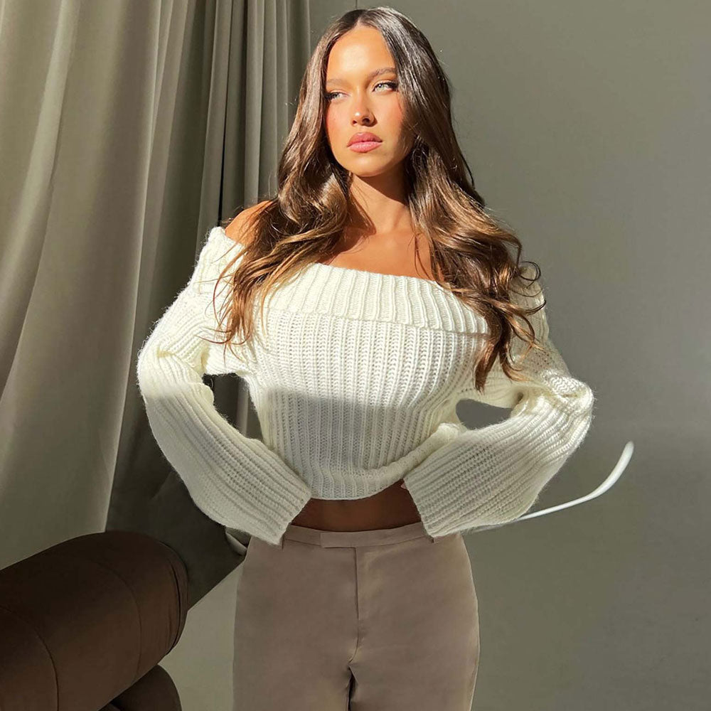 Sexy Foldover Off The Shoulder Brioche Rib Knit Cropped Sweater