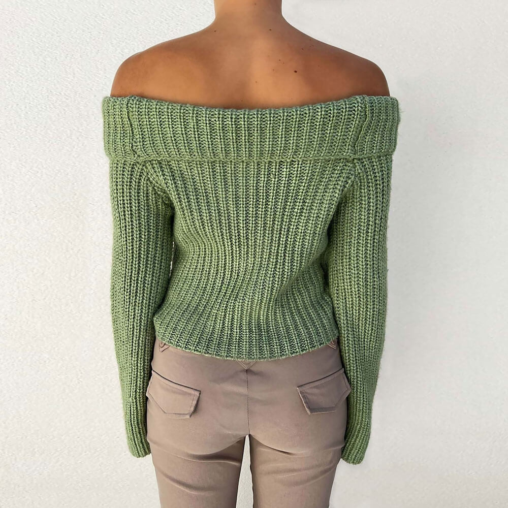 Sexy Foldover Off The Shoulder Brioche Rib Knit Cropped Sweater